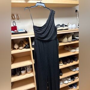 Halston One Shoulder Black Shimmer Jumpsuit | Wide Leg | Size M